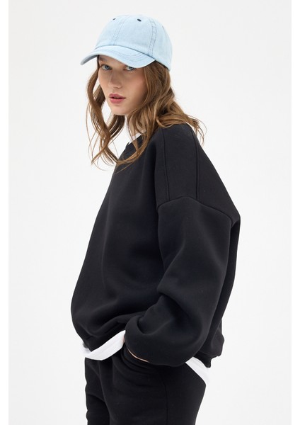 Siyah Bisiklet Yaka Oversize Kadın Sweatshirt 9152M
