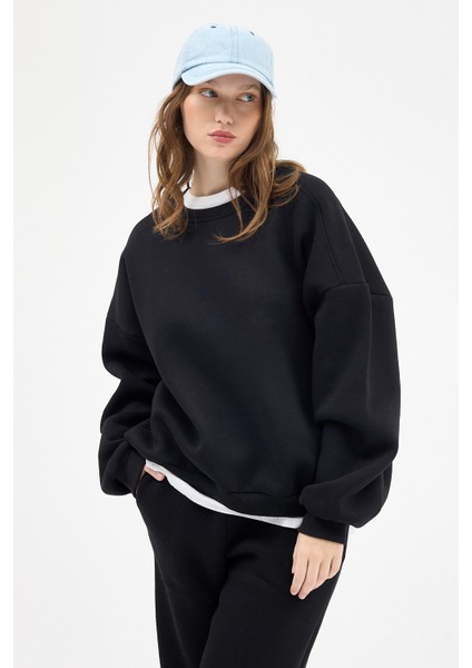 Siyah Bisiklet Yaka Oversize Kadın Sweatshirt 9152M