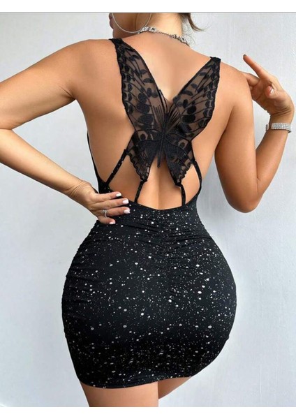 Kelebek Detaylı Taş Baskı Görünümlü Gecelik