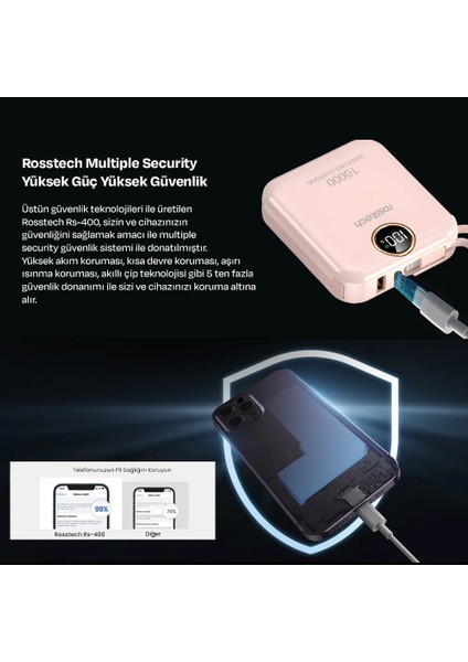 RS-400 10.000MAH Ultra Slim 22.5W Pd Dijital Ekranlı Dahili Çift Kablolu Powerbank
