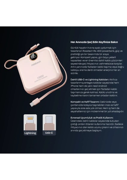 RS-400 10.000MAH Ultra Slim 22.5W Pd Dijital Ekranlı Dahili Çift Kablolu Powerbank