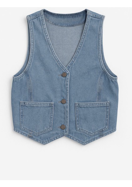 Kadın Cepli %100 Pamuk Açık Mavi Jean Yelek fırsatları