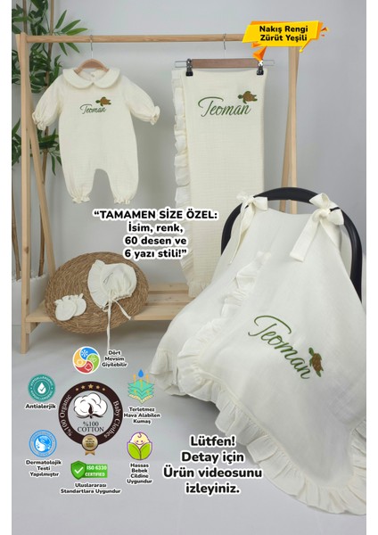 Müslin Yeni Doğan 4katlı Organik %100PAMUK Kişiye Özgü Nakışlı Hastane Çıkış Seti (Kablunbağa Model)