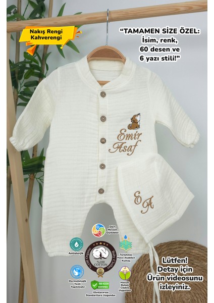 Müslin Yeni Doğan 4katlı Organik %100PAMUK Kişiye Özgü Nakışlı Hastane Çıkış Seti (Kurt Model-1)