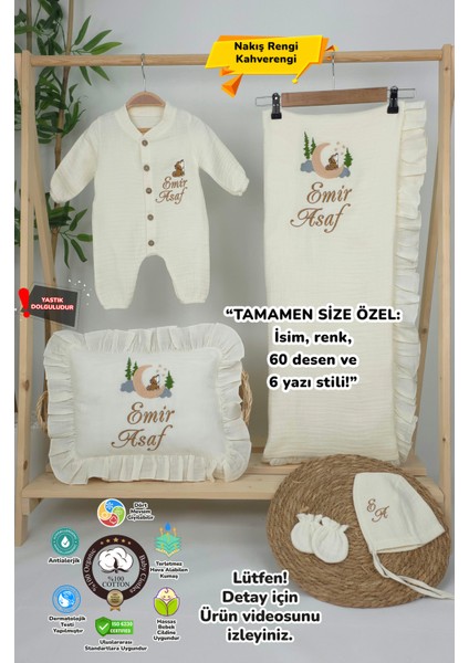 Müslin Yeni Doğan 4katlı Organik %100PAMUK Kişiye Özgü Nakışlı Hastane Çıkış Seti (Kurt Model-1)