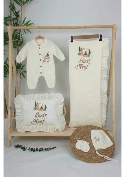 Müslin Yeni Doğan 4katlı Organik %100PAMUK Kişiye Özgü Nakışlı Hastane Çıkış Seti (Kurt Model-1) fiyatları