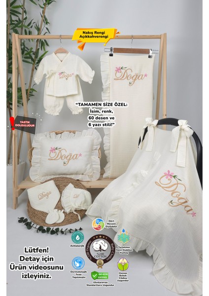 Müslin Yeni Doğan 4katlı Organik %100PAMUK Kişiye Özgü Nakışlı Hastane Çıkış Seti(Çiçekli Model-1)