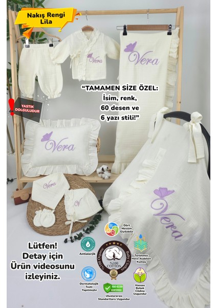 - Müslin Yeni Doğan 4katlı Organik %100PAMUK Kişiye Özgü Nakışlı Hastane Çıkış Seti(Tekli Kelebek-1)