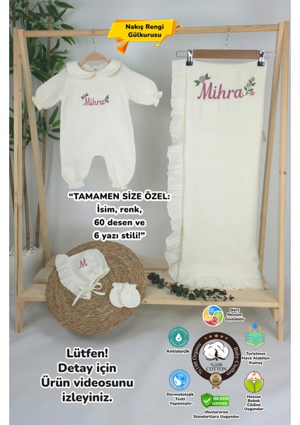 Müslin Yeni Doğan 4katlı Organik %100PAMUK Kişiye Özgü Nakışlı Hastane Çıkış Seti- Güllü Model-1 fiyatları