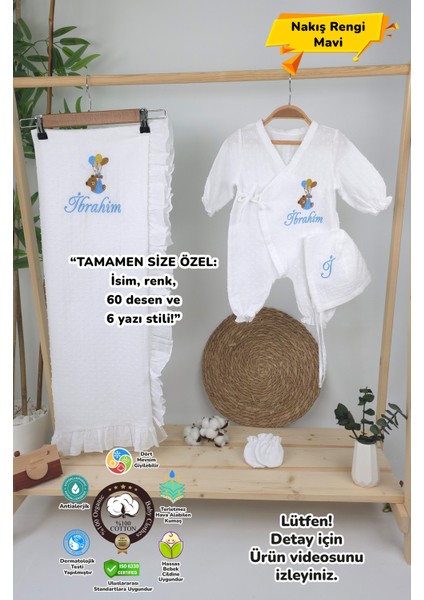 Müslin Yeni Doğan 4katlı Organik %100PAMUK Kişiye Özgü Nakışlı Hastane Çıkış Seti-Ayıcık Model