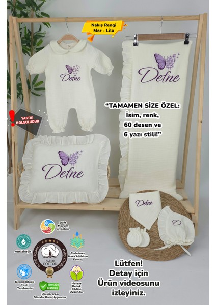 Müslin Yeni Doğan 4katlı Organik %100PAMUK Kişiye Özgü Nakışlı Hastane Çıkış Seti-Çoklu Kelebek