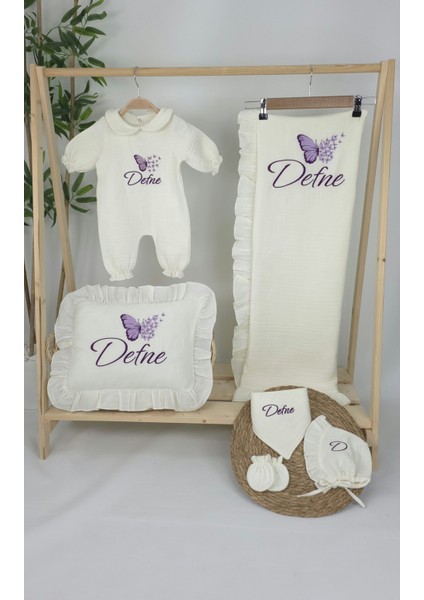 Müslin Yeni Doğan 4katlı Organik %100PAMUK Kişiye Özgü Nakışlı Hastane Çıkış Seti-Çoklu Kelebek fiyatları