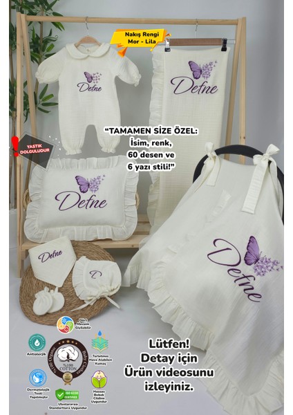 Müslin Yeni Doğan 4katlı Organik %100PAMUK Kişiye Özgü Nakışlı Hastane Çıkış Seti-Çoklu Kelebek