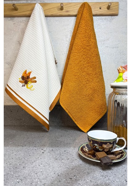2’li Mutfak Havlusu – Portakal & Tarçın Nakışlı Kurulama Bezleri - 40 x 60 cm