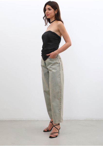 Kadın Yüksek Bel Skater Fit Jean Pantolon Kahverengi