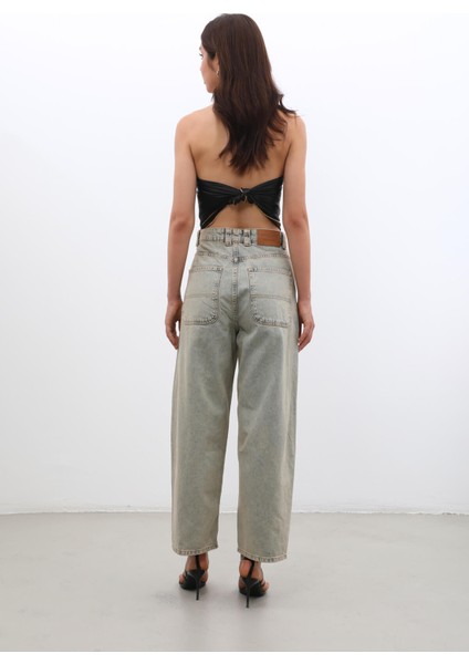 Kadın Yüksek Bel Skater Fit Jean Pantolon Kahverengi