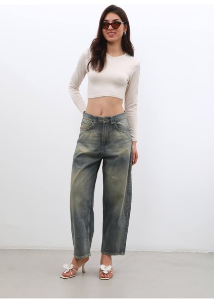 Kadın Yüksek Bel Skater Fit Jean Pantolon Tint Yeşil