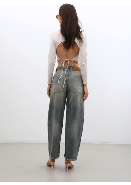 Kadın Yüksek Bel Skater Fit Jean Pantolon Tint Yeşil