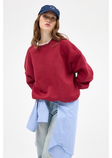 Bordo Bisiklet Yaka Oversize Kadın Sweatshirt 9152M fiyatları