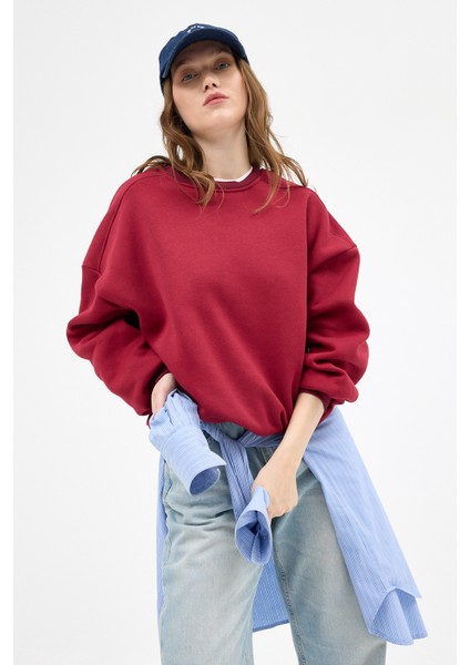 Bordo Bisiklet Yaka Oversize Kadın Sweatshirt 9152M modelleri