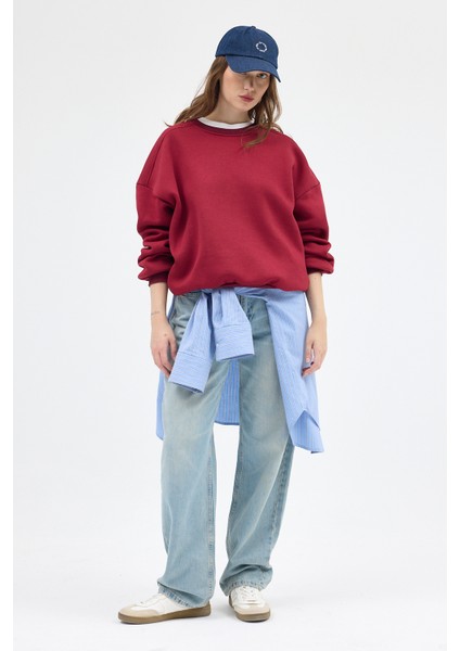 Bordo Bisiklet Yaka Oversize Kadın Sweatshirt 9152M fırsatları