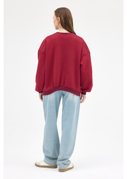Bordo Bisiklet Yaka Oversize Kadın Sweatshirt 9152M