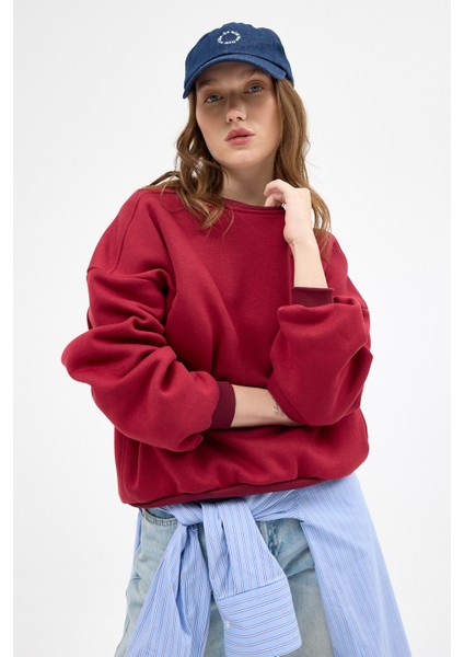 Bordo Bisiklet Yaka Oversize Kadın Sweatshirt 9152M