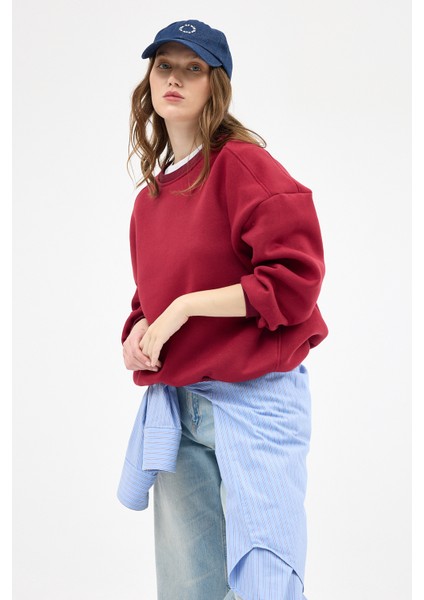 Bordo Bisiklet Yaka Oversize Kadın Sweatshirt 9152M