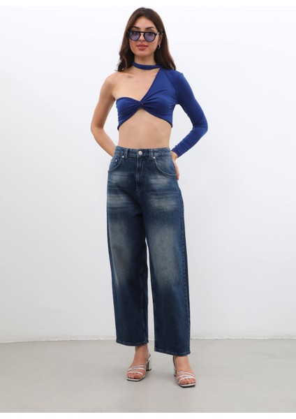 Kadın Yüksek Bel Skater Fit Jean Pantolon Lacivert