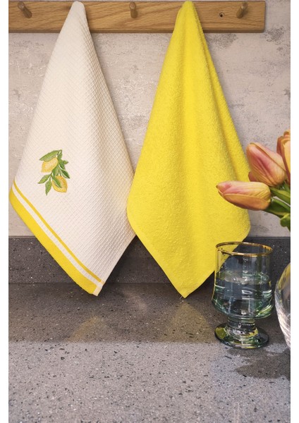2’li Mutfak Havlusu – Limon Figürlü & Sarı Havlu Takımı - Yumuşak & Nakışlı Kurulama Bezleri - 40 x 60 cm