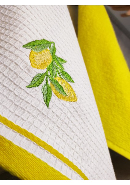 2’li Mutfak Havlusu – Limon Figürlü & Sarı Havlu Takımı - Yumuşak & Nakışlı Kurulama Bezleri - 40 x 60 cm