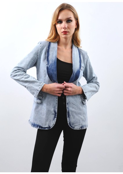 Kadın Uzun Kollu Tek Düğmeli Jean Ceket Buz Mavi
