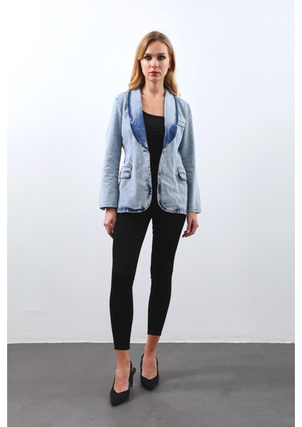 Kadın Uzun Kollu Tek Düğmeli Jean Ceket Buz Mavi