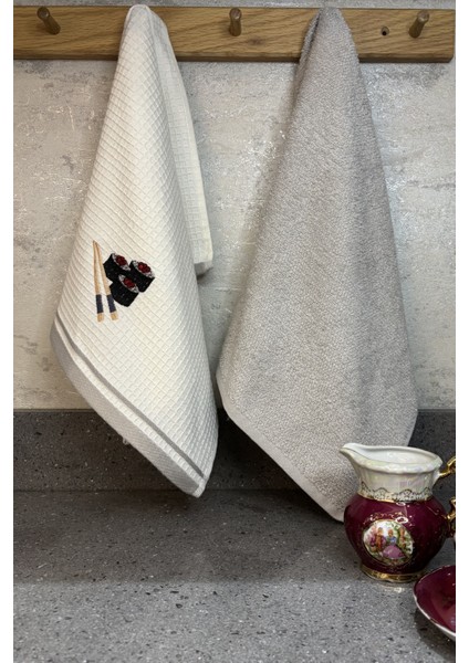 2’li Mutfak Havlusu Seti - Açık Gri & Sushi Figürlü Kurulama Bezi - Pamuk & 40 x 60 cm