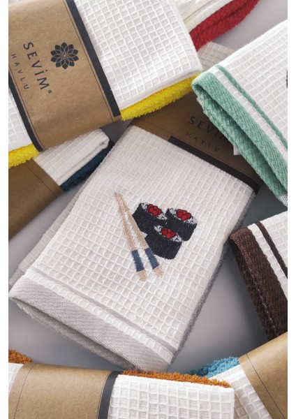 2’li Mutfak Havlusu Seti - Açık Gri & Sushi Figürlü Kurulama Bezi - Pamuk & 40 x 60 cm