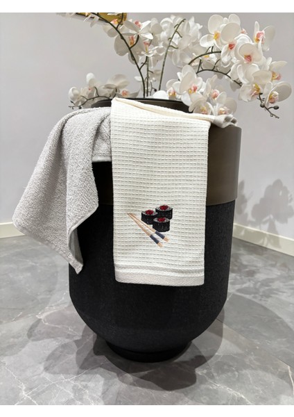 2’li Mutfak Havlusu Seti - Açık Gri & Sushi Figürlü Kurulama Bezi - Pamuk & 40 x 60 cm