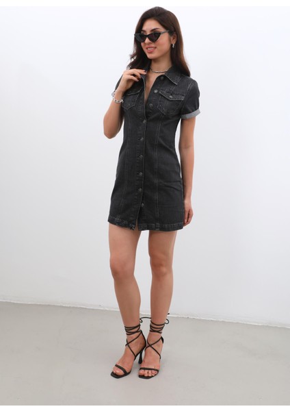 Kısa Kollu Önden Düğmeli Jean Elbise Siyah