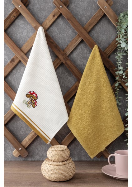 2'li Mutfak Havlusu - Pamuk - Mantar Nakışlı Kurulama Bezi - 40 x 60 cm - Hardal & Ekru Mutfak Havlu Seti fiyatları