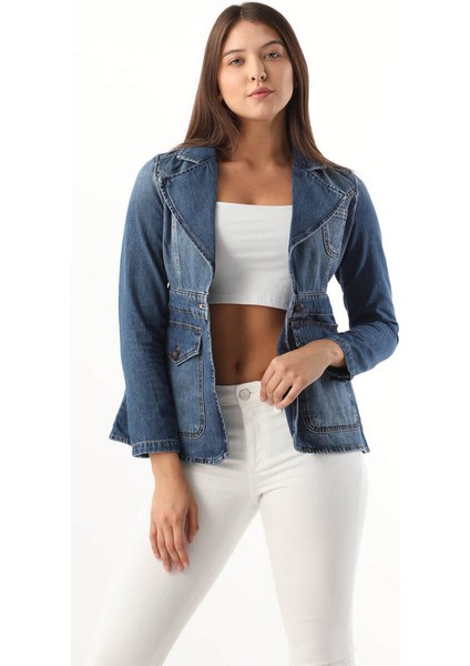 Kadın Uzun Kollu Tek Düğmeli Jean Ceket Mavi