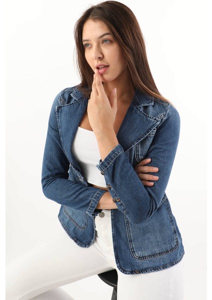 Kadın Uzun Kollu Tek Düğmeli Jean Ceket Mavi