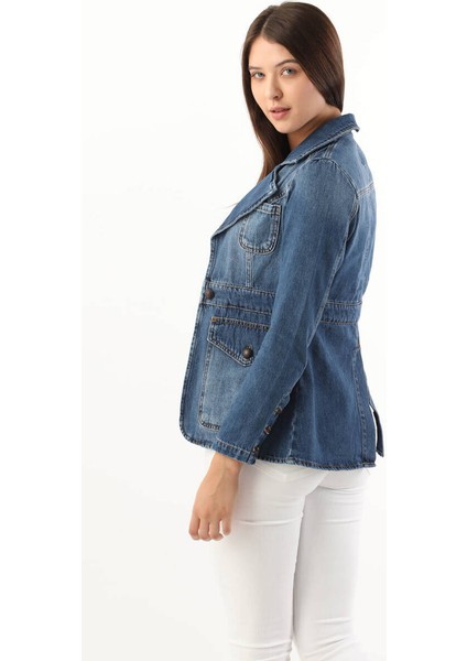 Kadın Uzun Kollu Tek Düğmeli Jean Ceket Mavi