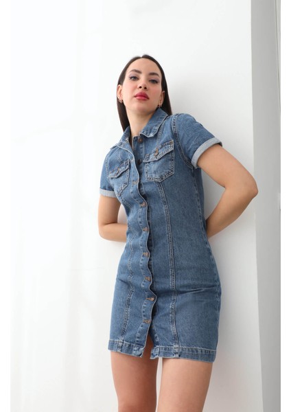 Kısa Kollu Önden Düğmeli Jean Elbise Mavi