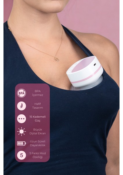 Giyilebilir Dijital Göğüs Pompası – Sessiz, 5 Modlu 15 Kademe Süt Sağma Cihazı (Tekli)