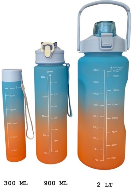 Mavi, 3’lü Set - Sticker’lı Pipetli Matara Seti - 2000ML,900ML,300ML
