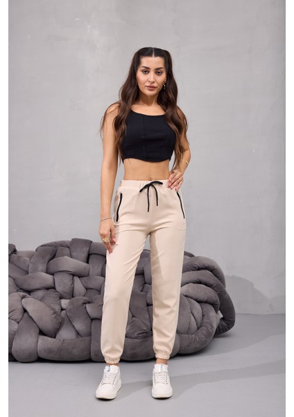 Kadın Yüksek Bel Likralı Rahat Kumaş Jogger Beli Lastikli Pantolon indirimleri