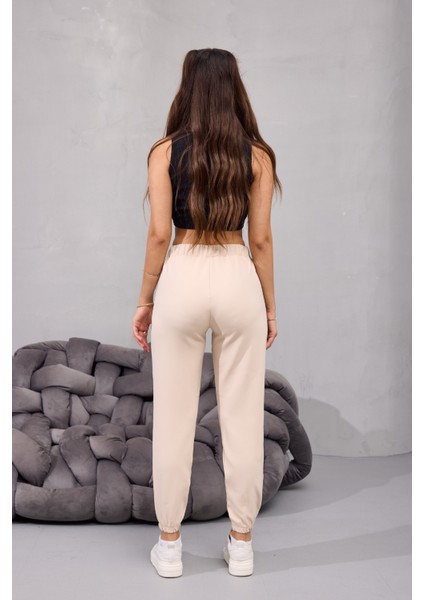 Kadın Yüksek Bel Likralı Rahat Kumaş Jogger Beli Lastikli Pantolon