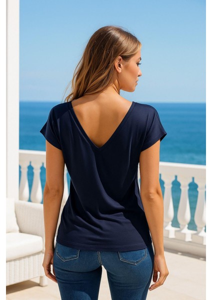 Kadın Koyu Lacivert Viskon Ön Arka V Yakalı T-Shirt Yarasa Kol Relaxed Bluz indirimleri