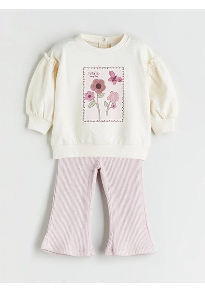 Lc Waıkıkı Ekru Çiçekli Kız Bebek Sweatshirt ve Tayt 2'li