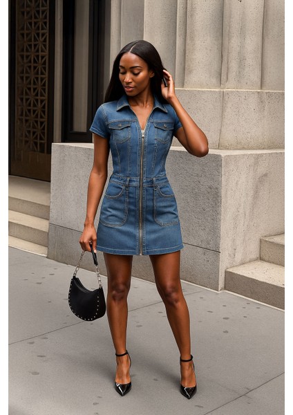 Fermuarlı Cepli Kadın Jean Elbise