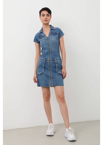 Fermuarlı Cepli Kadın Jean Elbise